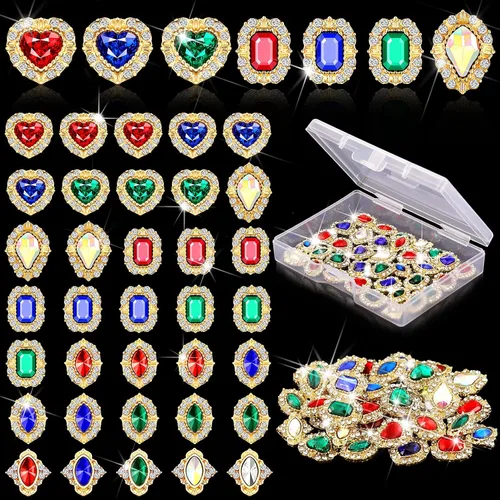 Maitys 35 piezas de diamantes de imitación 3D de lujo para arte de uñas, dijes dorados para uñas con caja de almacenamiento, cristales de colores,