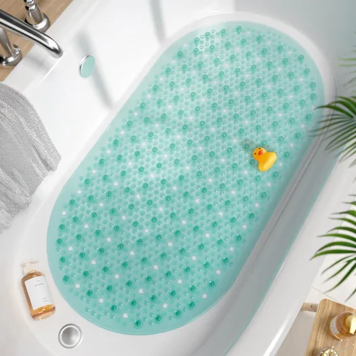 Miniatura 13 de HITSLAM Tapete antideslizante para bañera, 27 x 15 pulgadas, con ventosas y orificios de drenaje, lavable a máquina, ovalado, para niños, personas