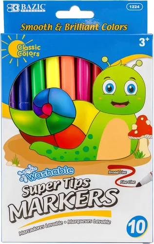 BAZIC PRODUCTS Marcadores lavables de súper puntas, 10 colores clásicos Colores surtidos