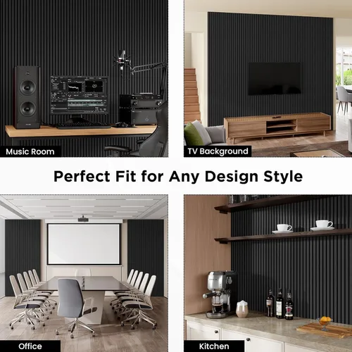Miniatura 5 de Paneles Acústicos de Listones de Madera, 94" x 23.6" Cada Panel de Pared de Listones de Madera Insonorizante, Negro Clásico, Paquete de 2
