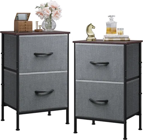 Miniatura 11 de WLIVE Mesita de noche negra, cómoda pequeña con 2 cajones y superficie de madera, mesita de noche con cestas de tela, mesa de cabecera mesa auxiliar