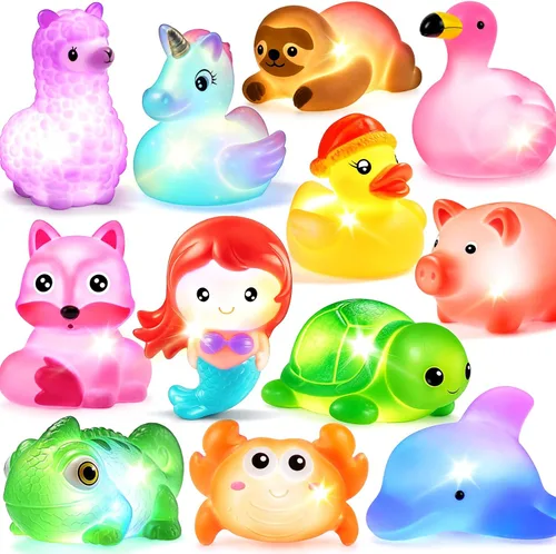 Juguete de baño sin agujeros, paquete de 12 animales iluminados, juguetes de bañera de color intermitente para niños pequeños, piscina, fiesta,