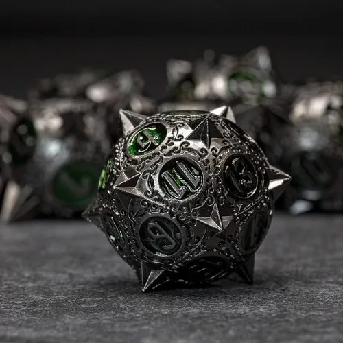 Miniatura 11 de Sage's Portal Enchanted Morning Stars - Juego de 7 dados poliédricos de metal con pinchos para Dungeons and Dragons TTRPG Pathfinder Negro/Oro/Sangre