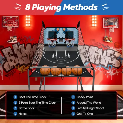 Miniatura 6 de Nova Microdermabrasion Juego de arcade de baloncesto plegable para interior, tiro doble, 2 jugadores con 4 bolas, marcador electrónico y bomba