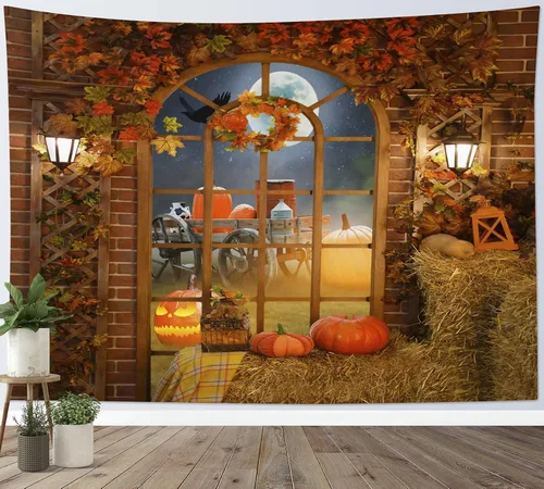 Miniatura 12 de HVEST Tapiz de bosque otoñal para colgar en la pared, hojas de arce naranja y sol, tapiz para colgar en la pared, tapiz de hojas de árbol de otoño