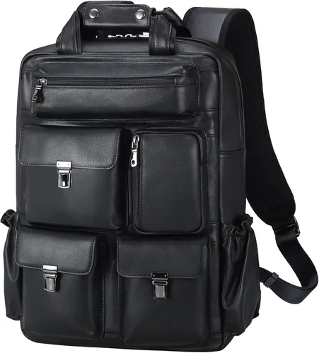 Miniatura 10 de Mochila de cuero genuino para hombre, estilo vintage, de 15.6 pulgadas, bolsa para computadora portátil, varios bolsillos, mochila casual de viaje