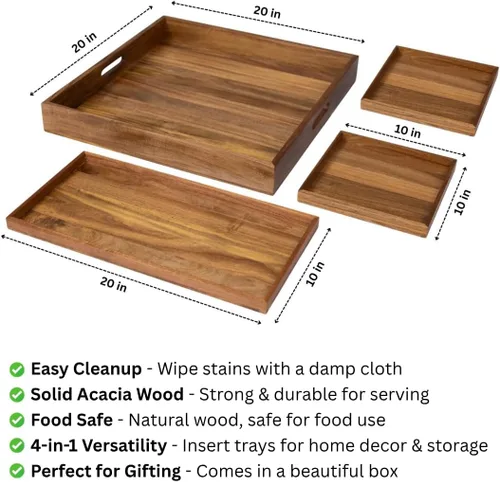 Miniatura 4 de Bandeja otomana grande de 20 pulgadas cuadrada. Bandeja de servir premium de madera de acacia para sala de estar, otomano, cocina o como bandeja