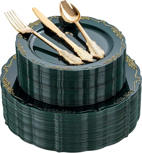 Miniatura 13 de DaYammi 150 platos de plástico negro plateado y cubiertos de plástico plateado, platos desechables de plata negra para incluir 30 platos llanos, 30