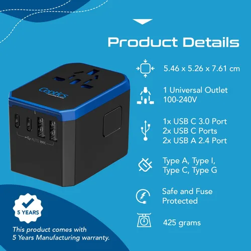 Miniatura 4 de Ceptics Adaptador de enchufe de viaje internacional mundial de 70 W - Potente tecnología GaN con Pd y QC 3.0 Dual 3X USB-C Power - 2 puertos USB