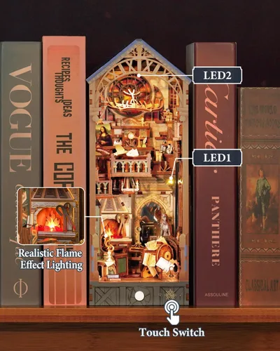 Miniatura 2 de Tonecheer Kit de rincón de libros para adultos, rompecabezas 3D de madera, kit de casa en miniatura, estante de libros para casa de muñecas, soporte