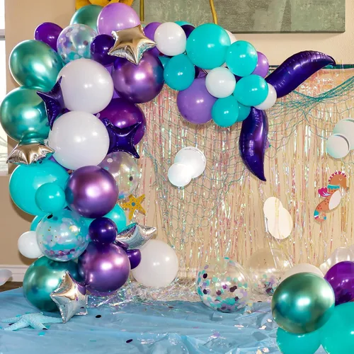 Miniatura 6 de RUBFAC Juego de 65 globos de guirnalda de sirena, globos metálicos de 12 pulgadas de color morado y verde, globos de confeti de látex morado, azul
