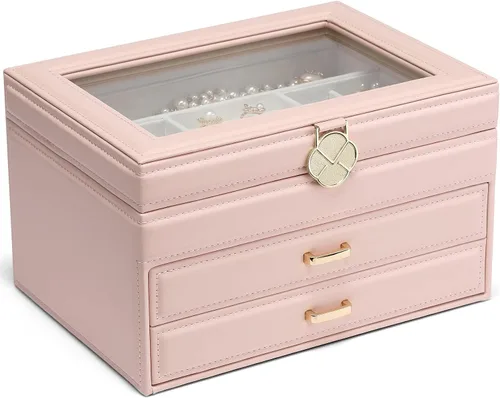 Vlando Joyero para niñas y mujeres, organizador de joyas con tapa de vidrio con 2 cajones para regalos, almacenamiento grande de 3 capas para