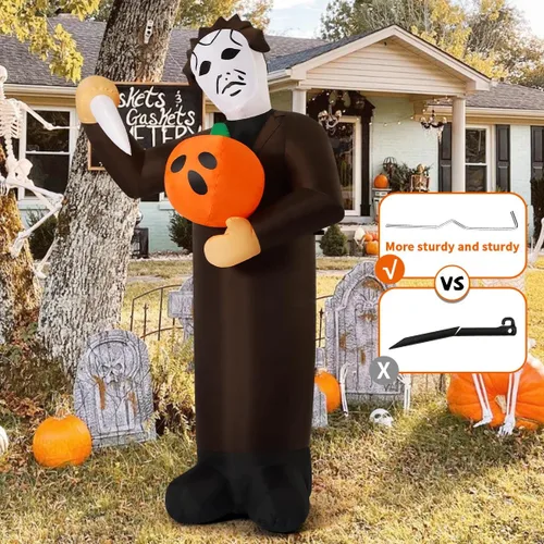 Miniatura 4 de COMIN Asesino de calabazas inflable de Halloween de 6 pies con LED incorporados, decoración de patio para fiestas de vacaciones en interiores