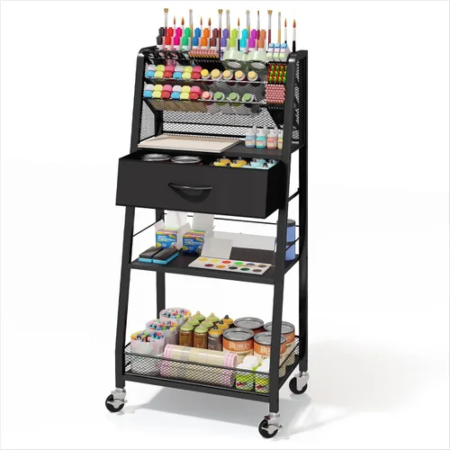 Homsorout Carro Rodante de 3 Niveles - Carro Utilitario de Metal con Cajón de Almacenamiento y Ruedas, Organizador Versátil para Arte y Manualidades