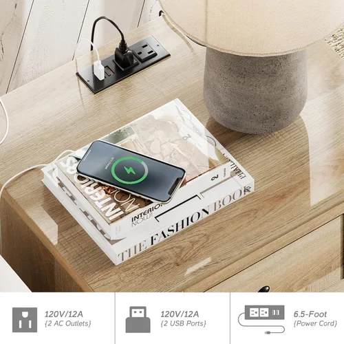 Miniatura 6 de WAMPAT Mesitas de noche con estación de carga, juego de 2 mesas auxiliares con tomas de corriente y puertos USB para sala de estar, mesa auxiliar