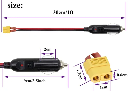 Miniatura 2 de Paquete de 2 cables 16AWG XT60 a encendedor de cigarrillos, enchufe macho de 12 V a XT60 hembra, cable de extensión compatible con cable de carga