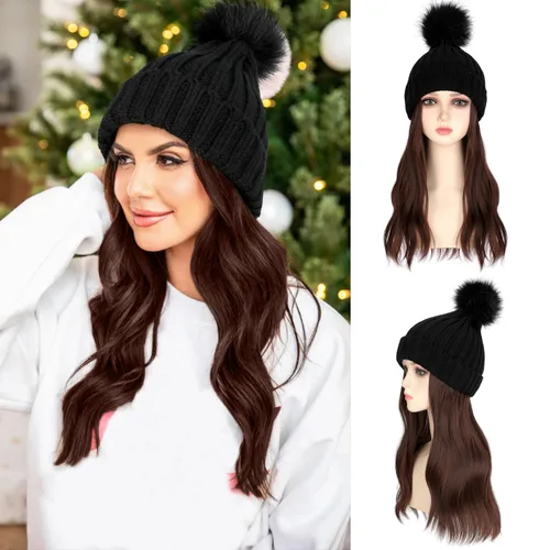 Miniatura 8 de Gorro de peluca con extensiones de cabello largo ondulado – Gorro de punto acanalado con pompón unido 14 pulgadas rizado sintético postizo
