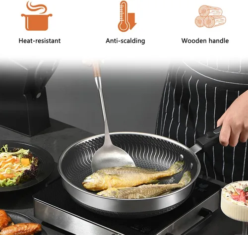 Miniatura 5 de Wok Cucharón y espátula, juego de cucharón wok de acero inoxidable, 3 cucharones largos de cocina, espátula de metal con mango de madera, juego
