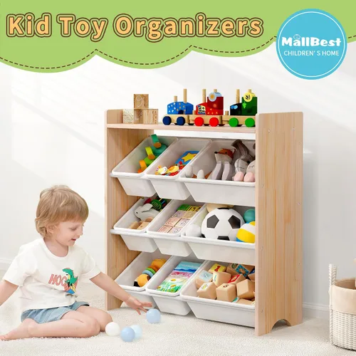 Miniatura 4 de MallBest Organizador de juguetes para niños con 9 contenedores – Estante de almacenamiento de 4 niveles 100% madera maciza para sala