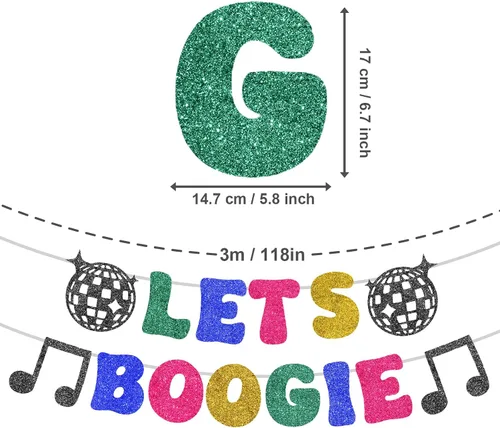 Miniatura 2 de PEUTIER Decoraciones de fiesta de discoteca de los años 70, 2 carteles con texto "LETS BOOGIE" y 8 espirales colgantes, multicolor