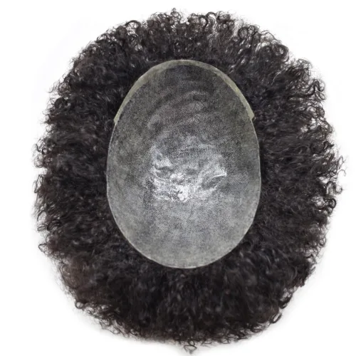 Miniatura 8 de LYRICAL HAIR Afro Curly Mens Toupee Afro American Hair System Replacement 10X8 All Injected Poly Skin PU Afro ondulado 6MM Curl Hairpiece #1 Jet