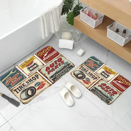 Miniatura 2 de Juego de alfombras de baño de 3 piezas antiguas para automóvil, placa de los años 50, accesorios antiguos, póster de reparación estadounidense