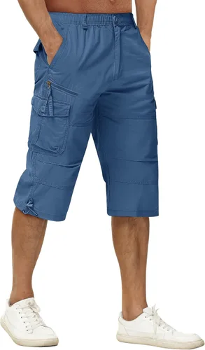 TACVASEN Pantalones casuales de algodón elásticos por debajo de la rodilla 34 largos pantalones cortos tipo cargo con 7 bolsillos (sin cinturón)