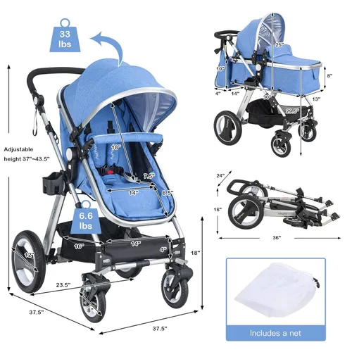 Miniatura 6 de BABY JOY Cochecito de bebé, cochecito reclinable convertible 2 en 1, cochecito plegable con arnés de 5 puntos, incluye soporte para tazas, funda Azul