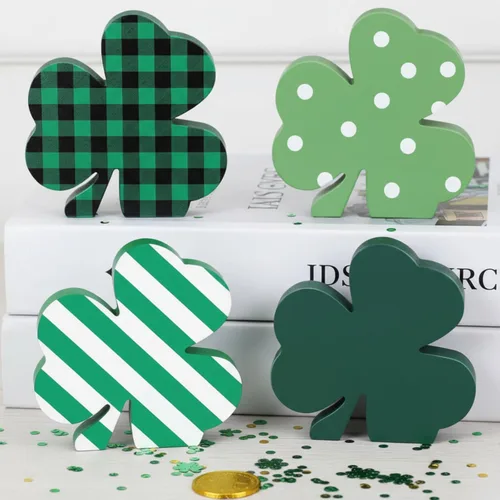 Jetec 4 piezas de decoración de trébol de madera del día de San Patricio, decoración de bandeja escalonada del día de San Patricio, trébol verde,