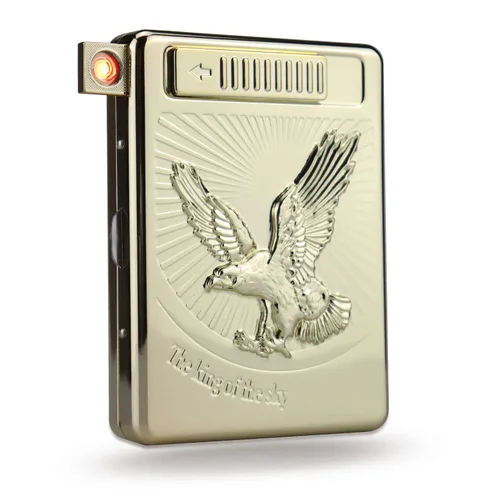 Juego de 20 fundas de metal para cigarrillos, encendedor de arco con águila 3D recargable, encendedor de arco eléctrico, resistente al viento, sin