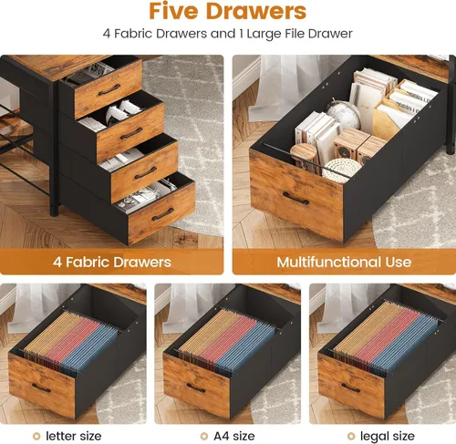 Miniatura 5 de SEDETA Escritorio para oficina en casa con cajón de archivos y toma de corriente, escritorio grande para computadora de 75' con 5 cajones, estantes