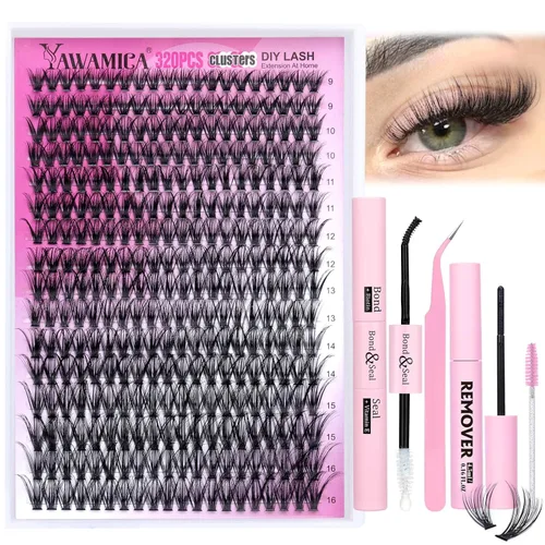 Yawamica Kit de 320 racimos de pestañas rizadas D, 0.354-0.630 in, 40D, pestañas individuales 40D, con unión y sellado, removedor de pestañas y
