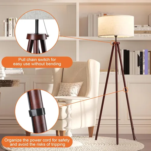 Miniatura 4 de LiteHistory Lámparas de pie de trípode de madera para dormitorio, sala de estar y oficina, lámpara de esquina con pantalla de lino beige, bombilla