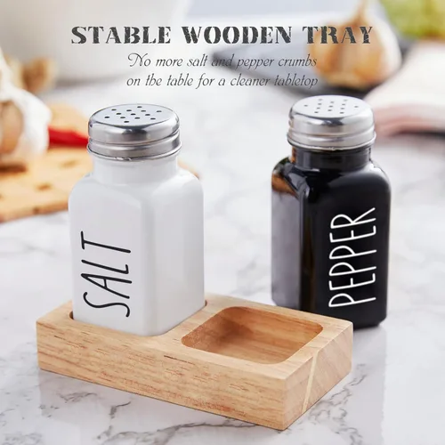 Miniatura 3 de Juego de saleros y pimenteros con soporte, salero de vidrio Dopeca con organizador de madera para encimera de cocina o mesa, decoración de cocina
