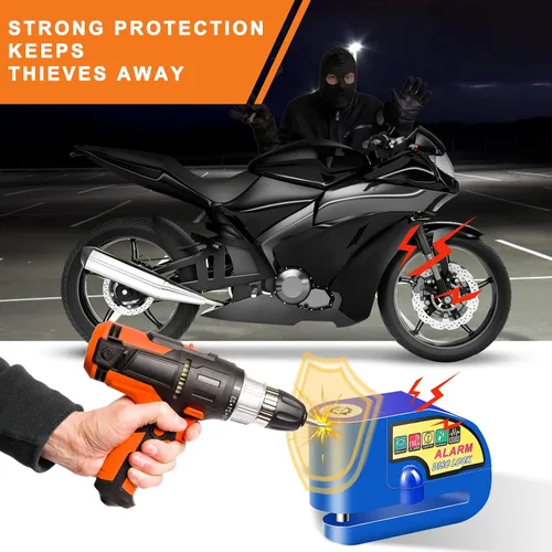 Miniatura 2 de Bloqueo de freno de disco de alarma para motocicleta, cerraduras de motocicleta, antirrobo, bloqueo de disco de seguridad, impermeable, 110 dB, Azul