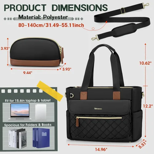Miniatura 4 de RAINSMORE Bolsa de mano para profesores de 15.6 pulgadas para laptop para mujeres con bolsa pequeña, bolsas de trabajo, bolsa de enfermera, maletín