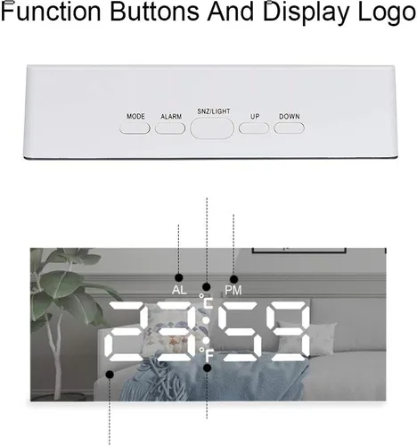 Miniatura 3 de Reloj despertador digital, pantalla LED grande con espejo con función de repetición, brillo ajustable, adecuado para el hogar, dormitorio, sala