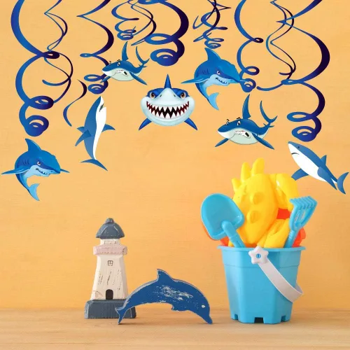 Miniatura 7 de 30 piezas de remolinos colgantes de tiburón, decoración de piscina de verano bajo el mar, decoración de fiesta temática oceánica, suministros