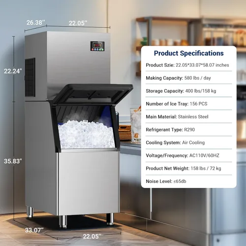 Miniatura 8 de Commercial Ice Maker Machine, 580 LBS/Day with 400lbs Storage Bin, Stainless Steel Ice Maker with Self Cleaning, ETL Certificated, 24H Timer &