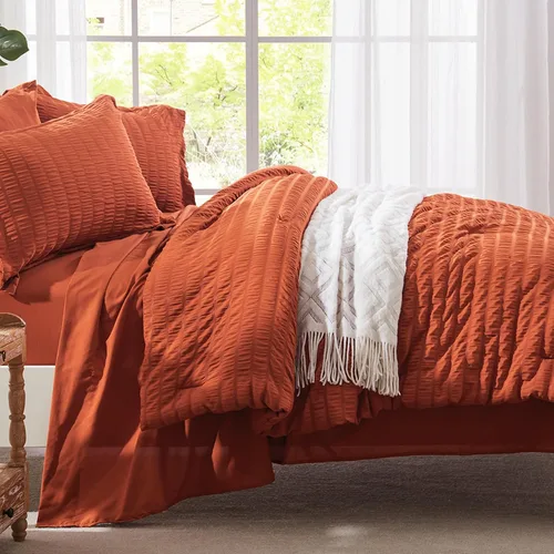 Miniatura 4 de Zzlpp Juego de edredón King de 7 piezas, ropa de cama de seersucker naranja quemado en una bolsa con sábanas, juegos de ropa de cama ligeros con 1