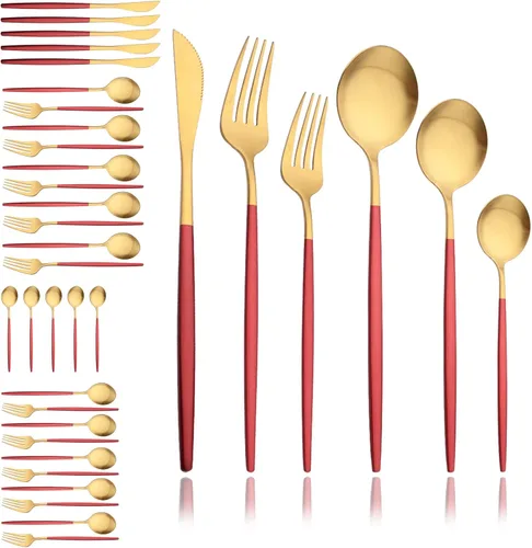 Miniatura 13 de JASHII Juego de cubiertos mate de 36 piezas con mango plano acabado satinado negro acero inoxidable cubiertos servicio para 6 para cocina casera
