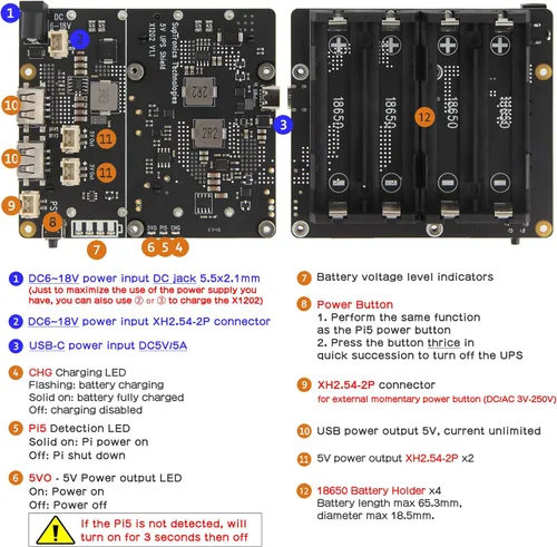 Miniatura 3 de Geekworm X1202 Placa de expansión UPS de 4 celdas y 5 V para Raspberry Pi 5 Salida máxima de 5.1 V 5 A Entrada ancha de 6 a 18 V Encendido