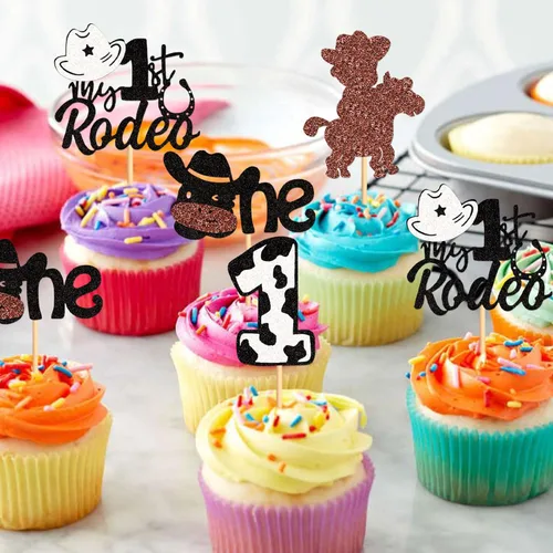 Miniatura 5 de 24 piezas de decoración de cupcakes con purpurina de vaca blanca y negra, para vaqueros, baby shower, niños y niñas, decoración de pastel