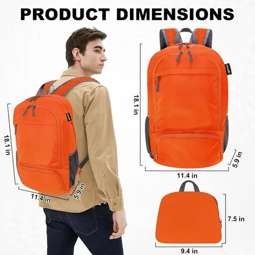 Miniatura 2 de HOLYLUCK Mochila plegable de senderismo ligera de 20L para hombres y mujeres, bolsa de hombro plegable al aire libre para viajes pequeños, naranja