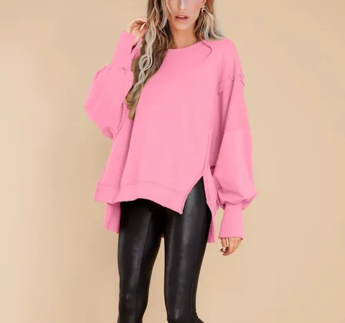 Miniatura 3 de BWQ Sudadera de gran tamaño para mujer, cuello redondo, manga larga, sin botones