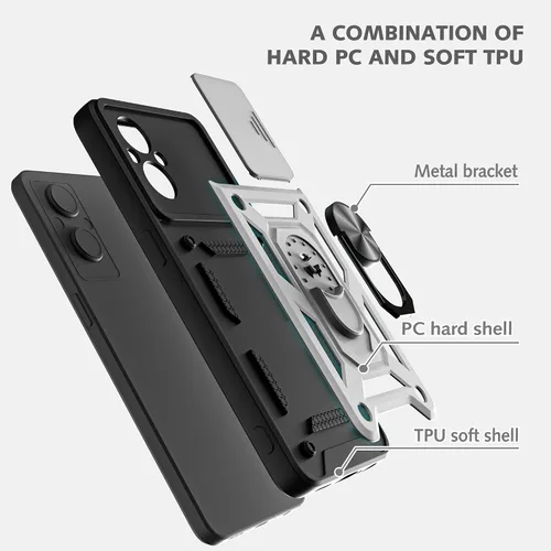 Miniatura 3 de Funda para OnePlus Nord N20 5G con cubierta deslizante para cámara y 2 protectores de pantalla HD, soporte de anillo de rotación de 360°