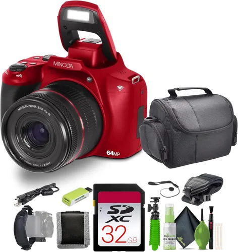 Minolta Cámara digital de enfoque automático de 64 megapíxeles con zoom óptico de 10x, video Ultra HD 4K y disparo macro, paquete con tarjeta de Rojo