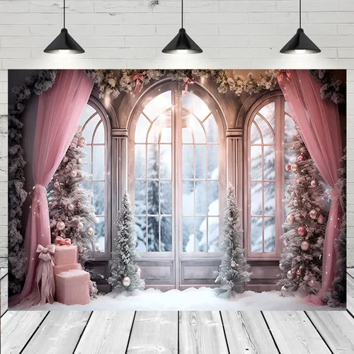 Miniatura 7 de Cortina rosa de invierno, fondo fotográfico de Navidad, invierno, nieve, bosque, ventana, fondo de fotografía, decoración de fiesta familiar, baby
