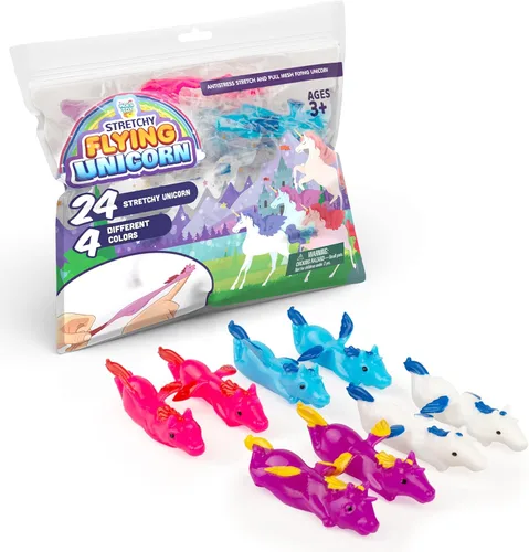 PICK A TOY Juguetes de unicornio para regalo para niñas y niños, 24 piezas de goma de dedos centelleantes elásticas para niños, bolsa de regalo de