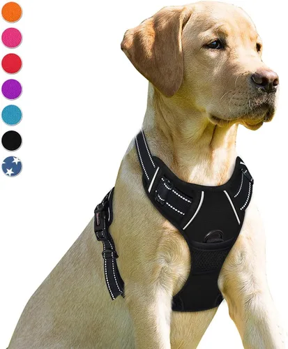 BARKBAY Arnés sin tirones para perro, clip frontal, resistente, reflectante, mango de fácil control para pasear perros grandes (negro, L)